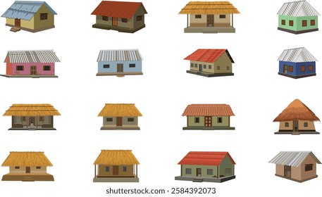 Indian village hut set for cartoon animation.Asian cottage design collection.African home isolated on white background