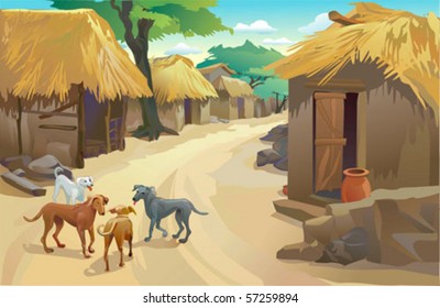 Indian Village , Huts and dogs , Simple life