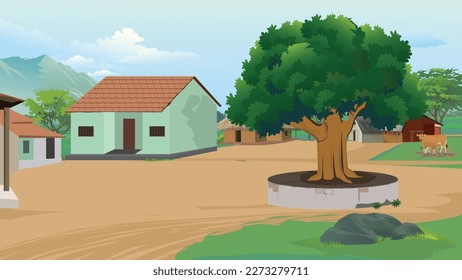 Indian Village Illustration, middle of the village, banyan tree, Indian farmers house