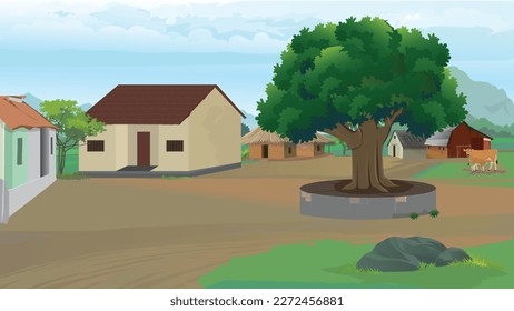 Indian Village Illustration, a village surrounded by mountains and banyan trees, cow, village meeting