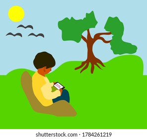 An indian village kid cartoon operating smartphone on natural field at beautiful background.