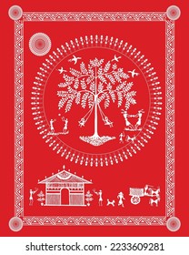 Indian village kids play ground under tree. This is truly enjoying life in india shown in warli painting. Vector, illustration drawing.