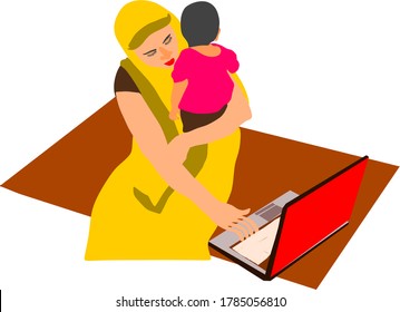 An indian village lady operating laptop with holding his little baby kid on lap at isolated background.