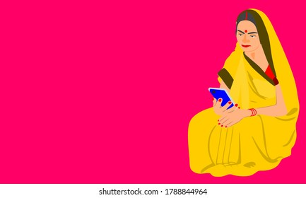 An indian village lady operating smart phone wearing yellow traditional sari at pink background.