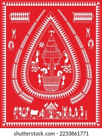 Indian village life style in warli painting. Rural work process showing in warli art, drawing, illustration,