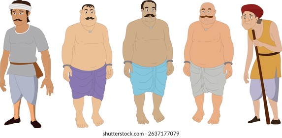 Indian Village Male Characters Set | Animated Indian Village Men Characters Vector | Cartoon Rural Male Characters with Traditional Dress | Indian Villagers Set for Animation, Story Videos, and Cultur