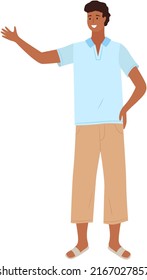 Indian village man in blue shirt and light beige trousers. Young smiling male character isolated on white background. Guy pointing somewhere with hand, talking to somebody, standing asian man