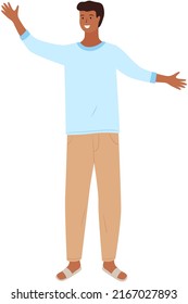 Indian village man in blue shirt and light beige trousers. Young smiling male character isolated on white background. Guy pointing somewhere with hand, talking to somebody, standing asian man