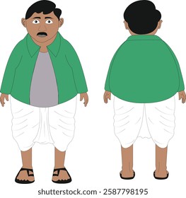 indian village man cartoon character. front and back view cartoon character design