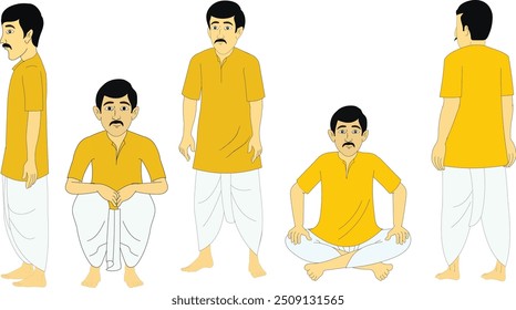 Indian village man character full set all poses cartoon character 