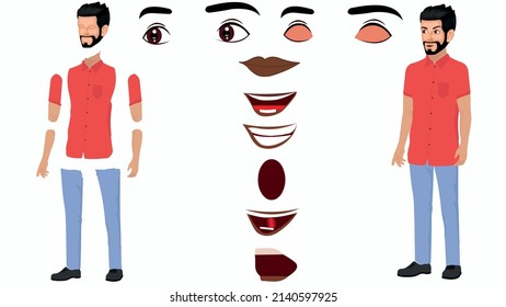 Indian Village Man Character, Indian Village Man in red shirt and light blue jeans with heavy dark beard, Indian Character, Indian Men