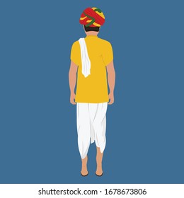 Indian Village Man in Kurta and Dhoti with Colorful Rajasthani Turban - Back Side Pose