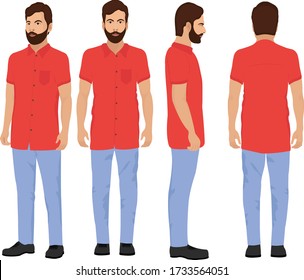 Indian Village Man in red shirt and light blue jeans with heavy dark beard,