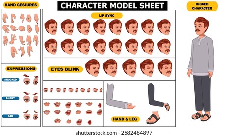 Indian Village Man Sprite Sheet | Rigged 2D Character with Lip Sync, Walk Cycle, Eye Blink, Eyebrow Expressions, and Hand Sync | Ready-to-Use for Animation