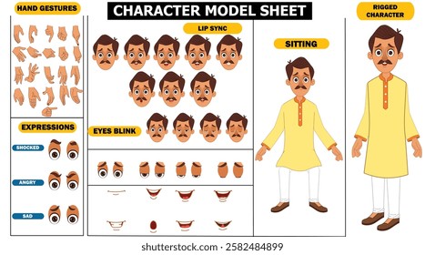 Indian Village Man Sprite Sheet | Rigged 2D Character with Lip Sync, Walk Cycle, Eye Blink, Eyebrow Expressions, and Hand Sync | Ready-to-Use for Animation