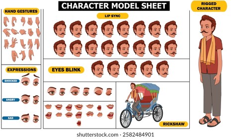 Indian Village Man Sprite Sheet | Rigged 2D Character with Lip Sync, Walk Cycle, Eye Blink, Eyebrow Expressions, and Hand Sync | Ready-to-Use for Animation