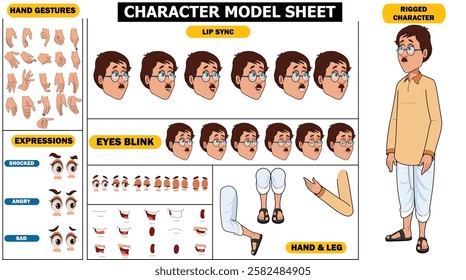 Indian Village Man Sprite Sheet | Rigged 2D Character with Lip Sync, Walk Cycle, Eye Blink, Eyebrow Expressions, and Hand Sync | Ready-to-Use for Animation