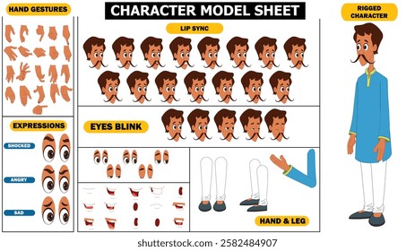 Indian Village Man Sprite Sheet | Rigged 2D Character with Lip Sync, Walk Cycle, Eye Blink, Eyebrow Expressions, and Hand Sync | Ready-to-Use for Animation