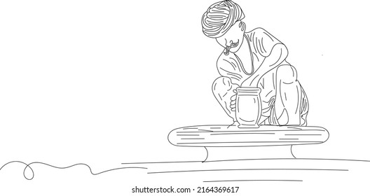 Indian Village man vector, Indian Village man logo, silhouette drawing of village man making clay pot, sketch drawing of villager