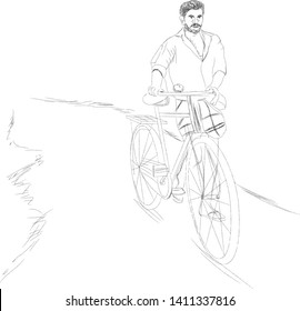 Indian Village man walking on road cycle