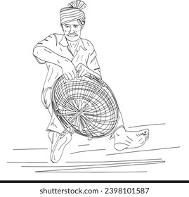 Indian village man weaving basket sketch, Traditional Asian basket weaving illustration, Vector cartoon of village man weaving basket