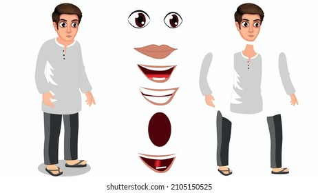 Indian Village man in white kurta, indian cartoon character for animation