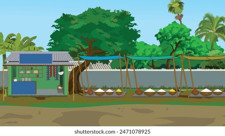 Indian village market background. Asian village vector illustration. Village market for cartoon animation