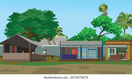 Indian village market. Village market grocery shop. Asian village background for cartoon animation