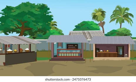 Indian village market. Indian market with tea stall and grocery shop. Asian rural village landscape