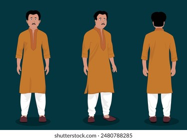 indian village men front,back and three quarter view cartoon character design