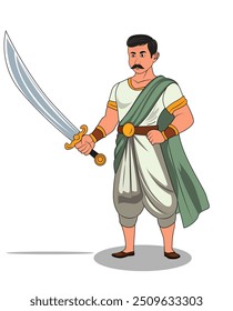 homens de aldeia indiana segurando uma espada em uma mão três quartos de vista desenho de personagens de desenhos animados