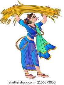 Rituales matutinos de aldeas indias. Las mujeres llevaban productos agrícolas al mercado. Dibujado en arte folclórico indio, al estilo Kalamkari. para impresión textil, logotipo, papel tapiz