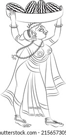Indian village morning rituals. Women carried farm produce to the market. Drawn in Indian folk art, Kalamkari style. for textile printing, logo, wallpaper