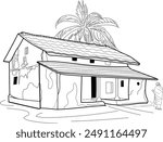 Indian village mud house, Indian village old house, Indian farmer house,  Hand drawn in thin line style