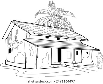 Indian village mud house, Indian village old house, Indian farmer house,  Hand drawn in thin line style