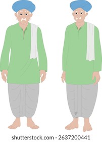 Indian Village Old Man Cartoon Vector – Traditional Elder Male Character Front and Side View for Animation, Cultural Farmer Illustration, Rural Senior Avatar for Explainer Videos

