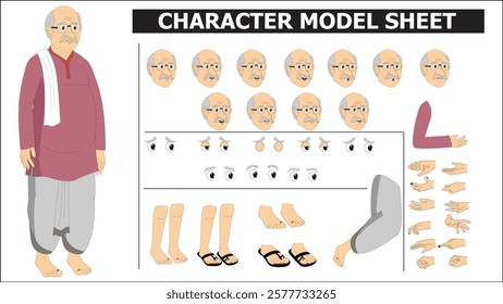 Indian Village Old Man Sprite Sheet | Rigged 2D Character with Lip Sync, Walk Cycle, Eye Blink, Eyebrow Expressions, and Hand Sync | Ready-to-Use for Animation