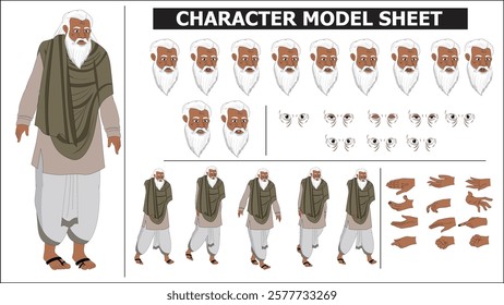 Indian Village Old Man Sprite Sheet | Rigged 2D Character with Lip Sync, Walk Cycle, Eye Blink, Eyebrow Expressions, and Hand Sync | Ready-to-Use for Animation