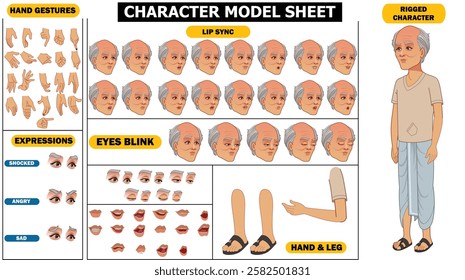 Indian Village Old Man Sprite Sheet, model sheet | Rigged 2D Character with Lip Sync, Walk Cycle, Eye Blink, Eyebrow Expressions, and Hand Sync | Ready-to-Use for Animation