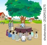 Indian Village People Group Meeting Vector, Indian village people Cartoon, village Background Illustration