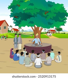 Indian Village People Group Meeting Vector, Indian village people Cartoon, village Background Illustration