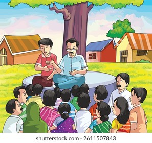 Indian Village People Group Meeting Vector