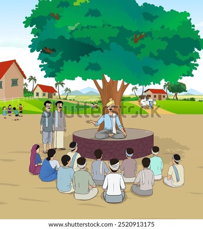 Indian Village People Group Meeting Vector, Indian village people Cartoon, village Background Illustration