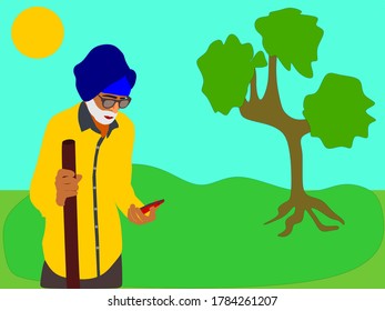 An indian village poor old man cartoon operating mobile phone wearing tradition cloths around natural beautiful background.