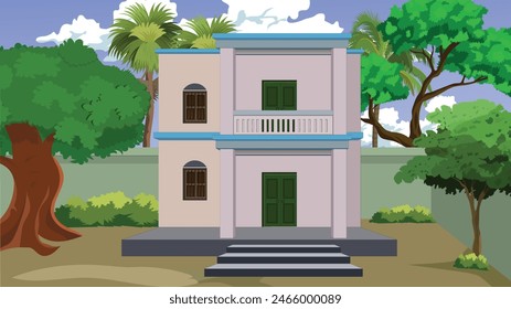 Indian Village rich farmer house. Two stored building house for cartoon animation. Indian Town house 