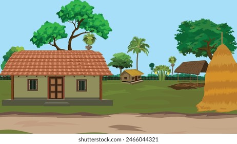 Indian village road background for cartoon. Asian village house. Rural cottage landscape