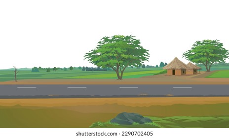 indian village road with small old hut. farmer house near agricultural land