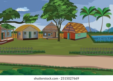 Indian village rural landscape. Traditional houses, coconut trees, ponds, wooden fences, mud roads, green grass, and calm clouds in the sky