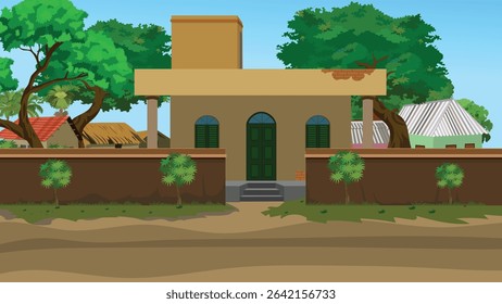 Indian Village Scene with Brick House, Boundary Wall, Green Door, Trees, Tin Roof Huts, Traditional Countryside Homes, Rural Architecture, Thatched Roof Houses, Cartoon Background, Farming Illustratio