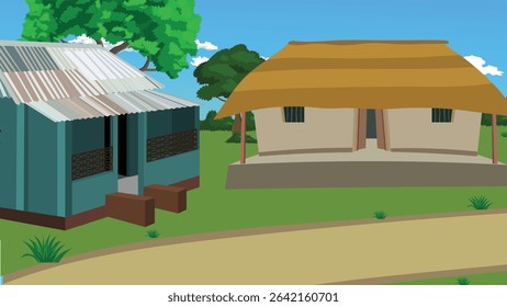 Indian Village Scene with Two-Story House, Clay Home, Tiled Roof House, Trees, Countryside Path, Evening Rural Landscape, Farming Settlement, Cartoon Style Illustration, Flat Vector Background Art

